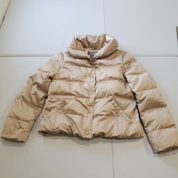 Ann Taylor Jacket Womens Medium Beige Down Puffer Short Coat Fleece Lined - Picture 1 of 11